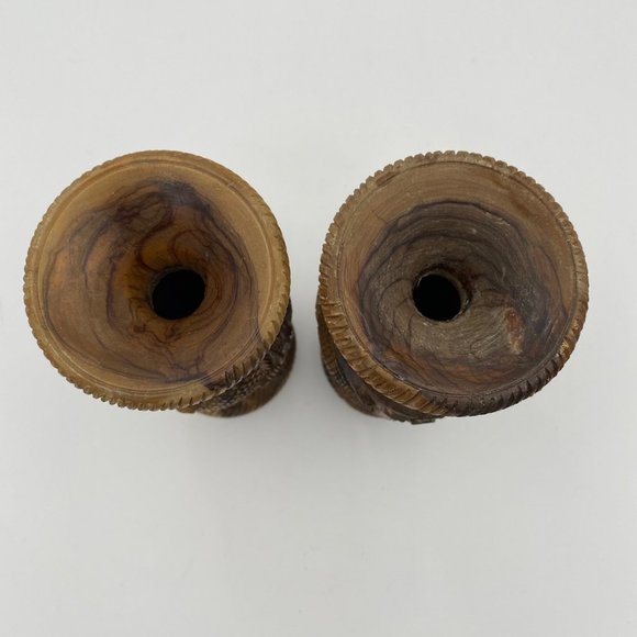 Lot of 2 Vintage Hand Carved Olive Wood Vase Camel Palm Tree Animal Plant Israel - Picture 5 of 9